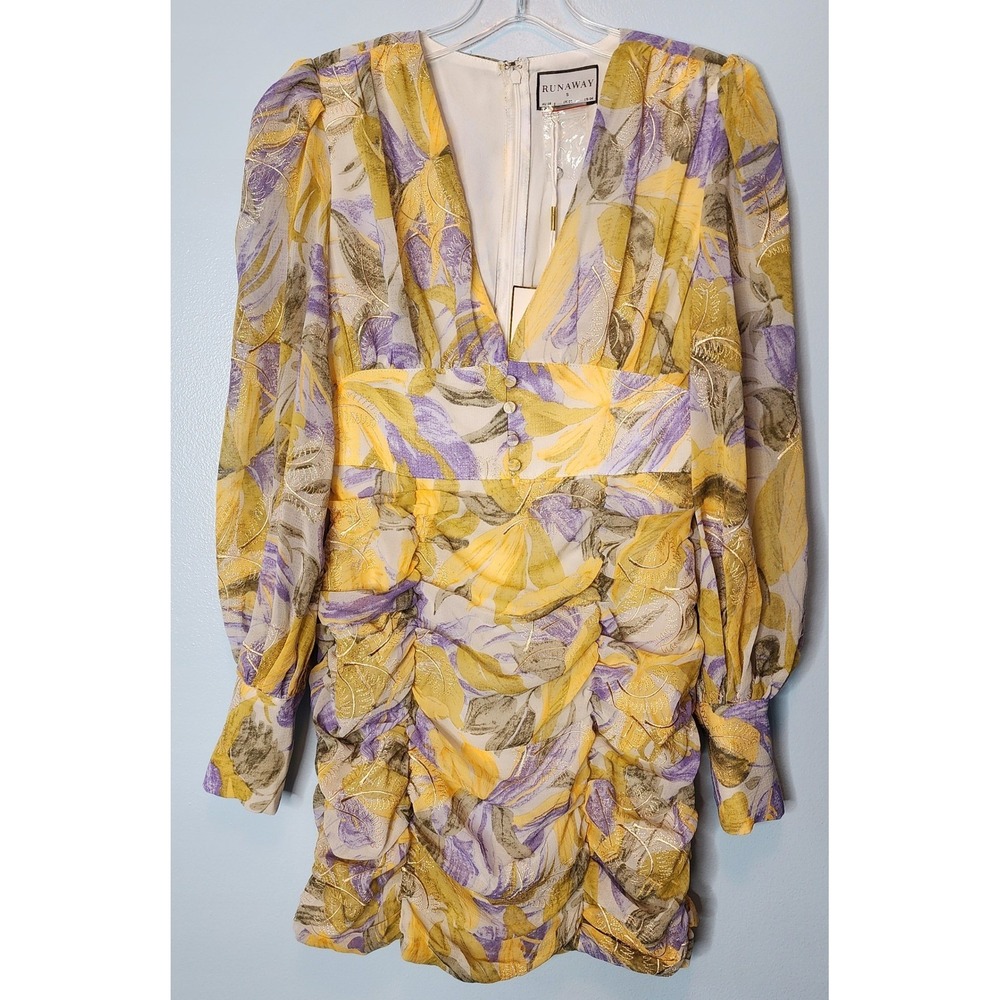 Runaway The Label Paradise Dress Women S Yellow Lilac NWT Floral Ruched Metallic